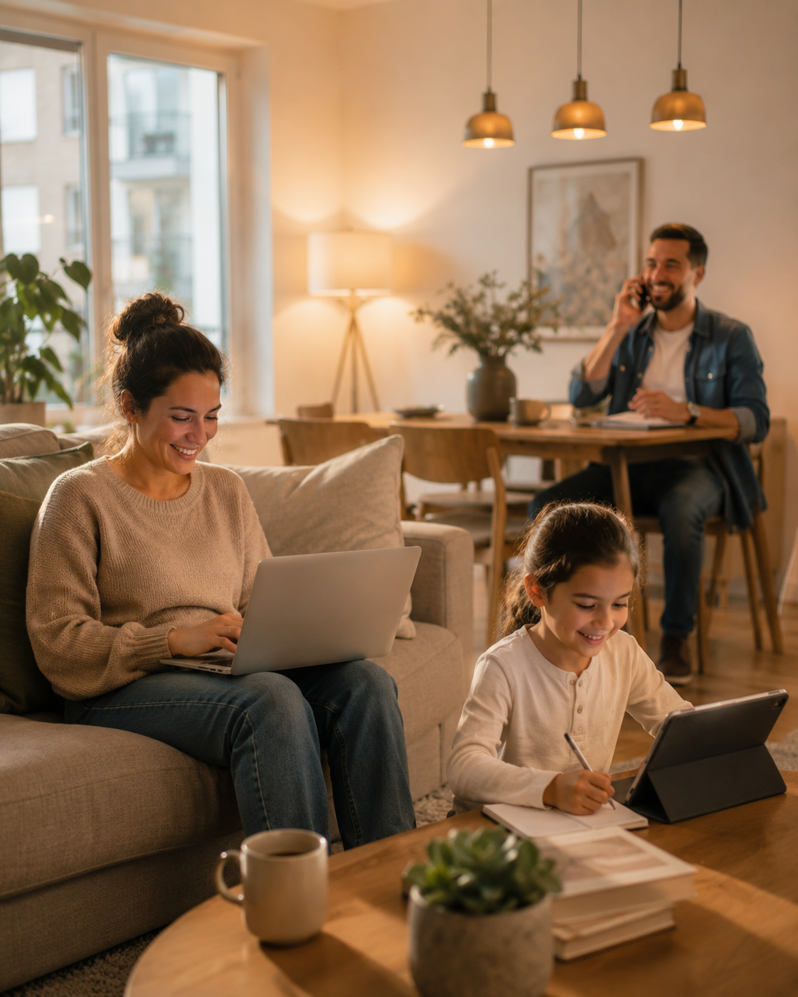 Family using laptop, tablet and phone with home internet service